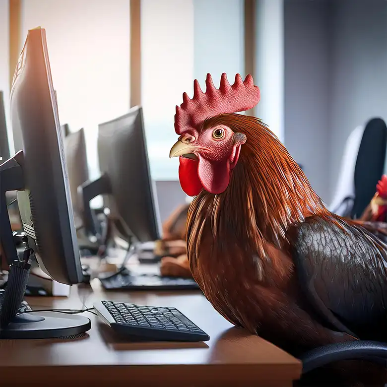Rooster on the phone talking to happy customers.